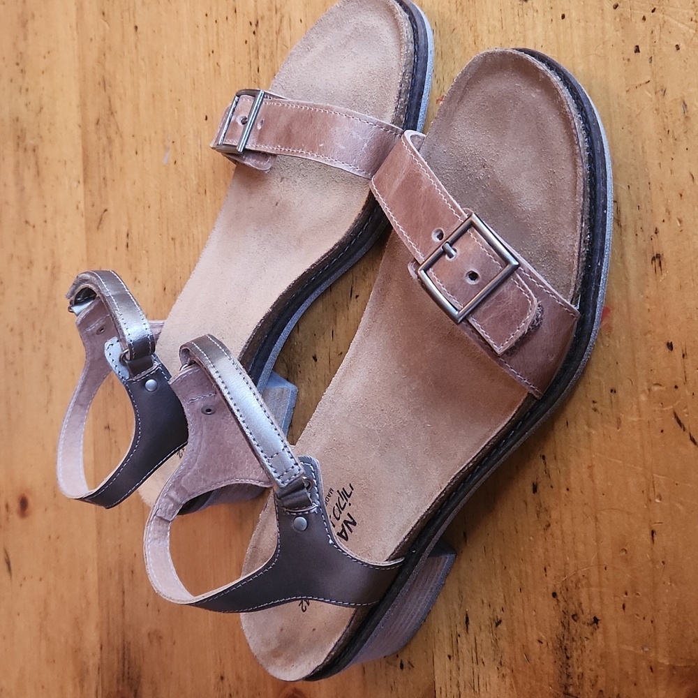 Naot Brown and Dark Brown Leather Buckle Sandals